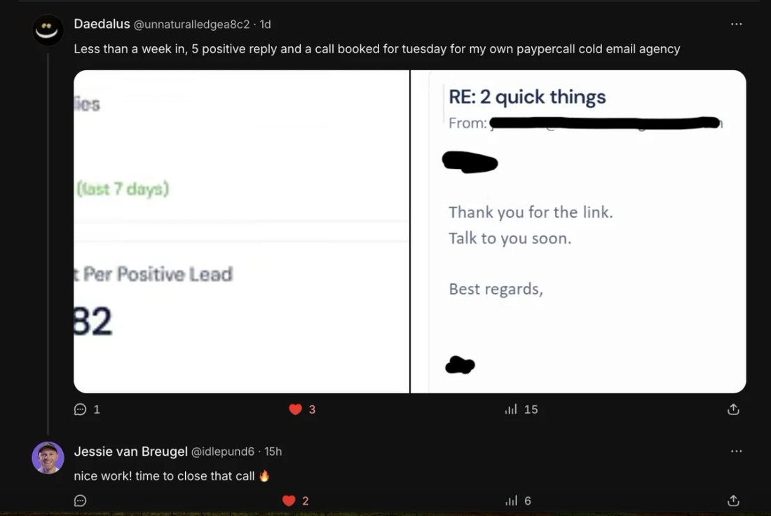 Whop screenshot from Daedalus: 5 positive replies and a call booked in less than a week