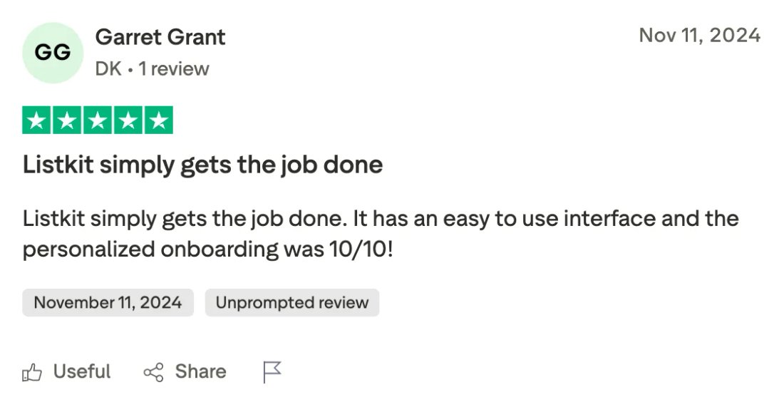 Trustpilot screenshot from Garret Grant: Listkit simply gets the job done
