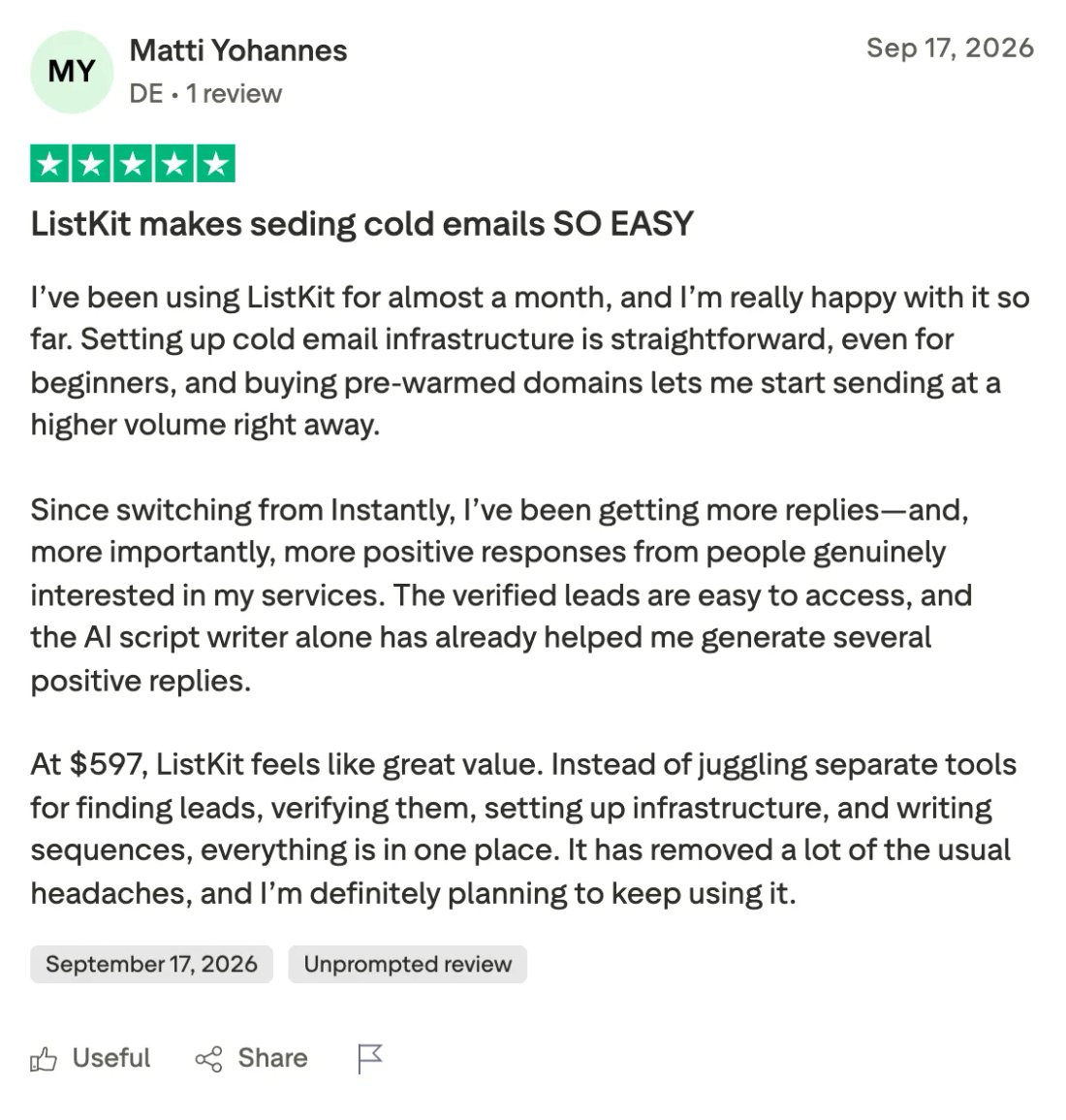 Trustpilot screenshot from Matti Yohannes: ListKit makes sending cold emails SO EASY