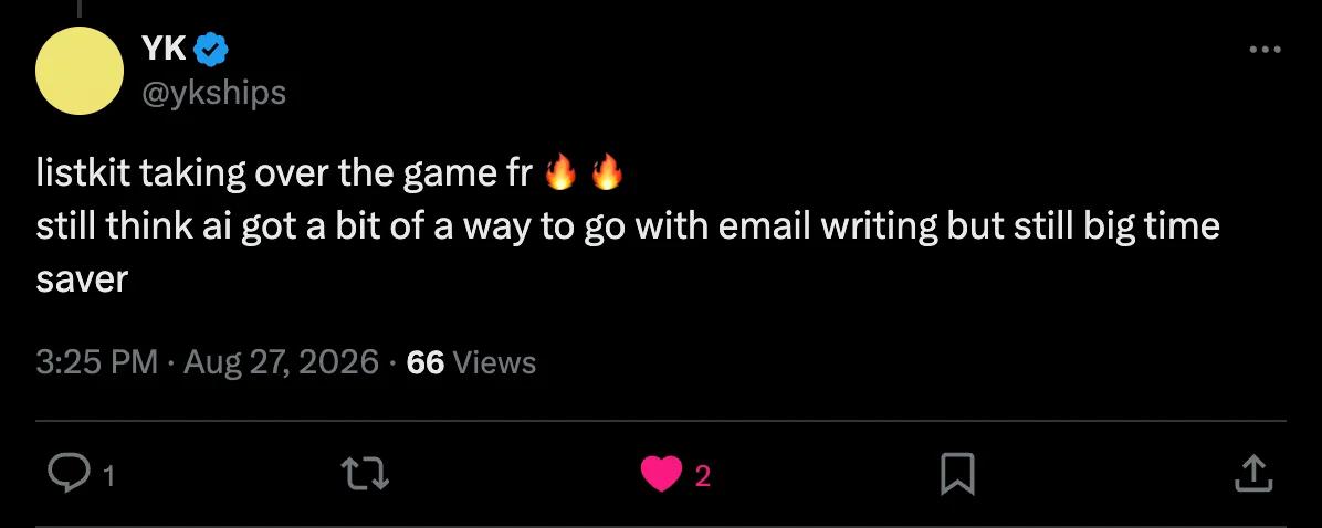 X screenshot from ykships: listkit taking over the game fr