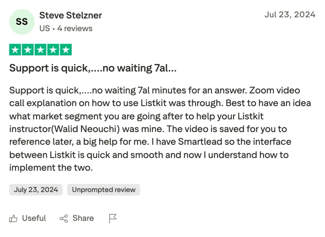 Trustpilot screenshot from Steve Stelzner: Support is quick,....no waiting 7al…