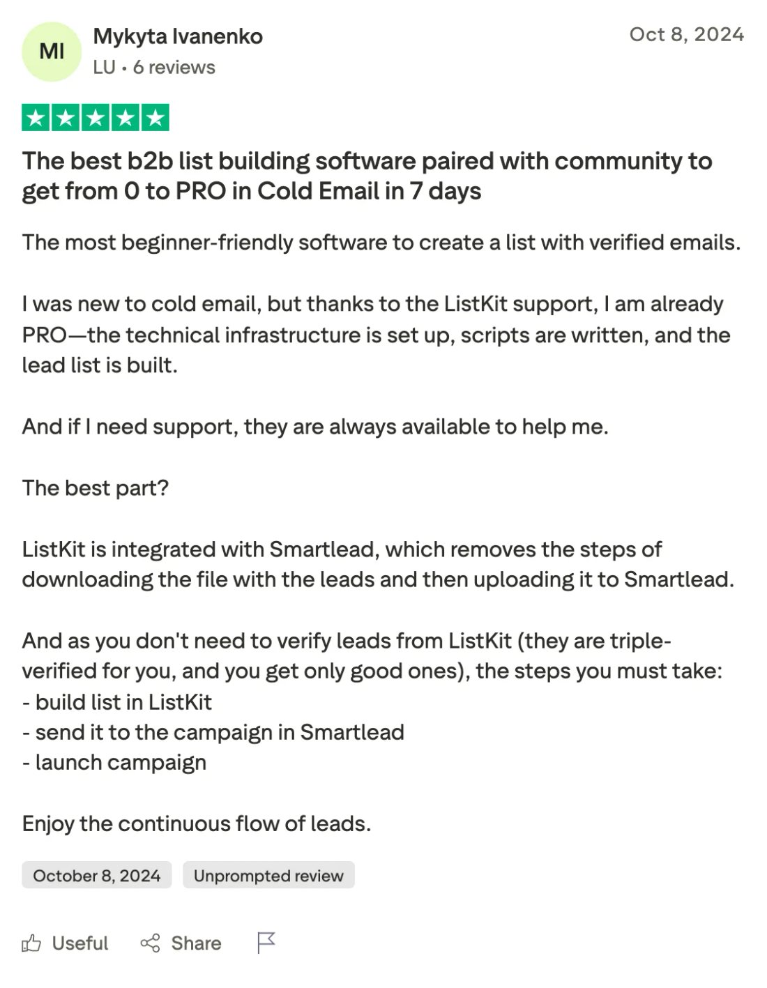 Trustpilot screenshot from Mykyta Ivanenko: The best b2b list building software paired with community to get from 0 to PRO in Cold Email in 7 days