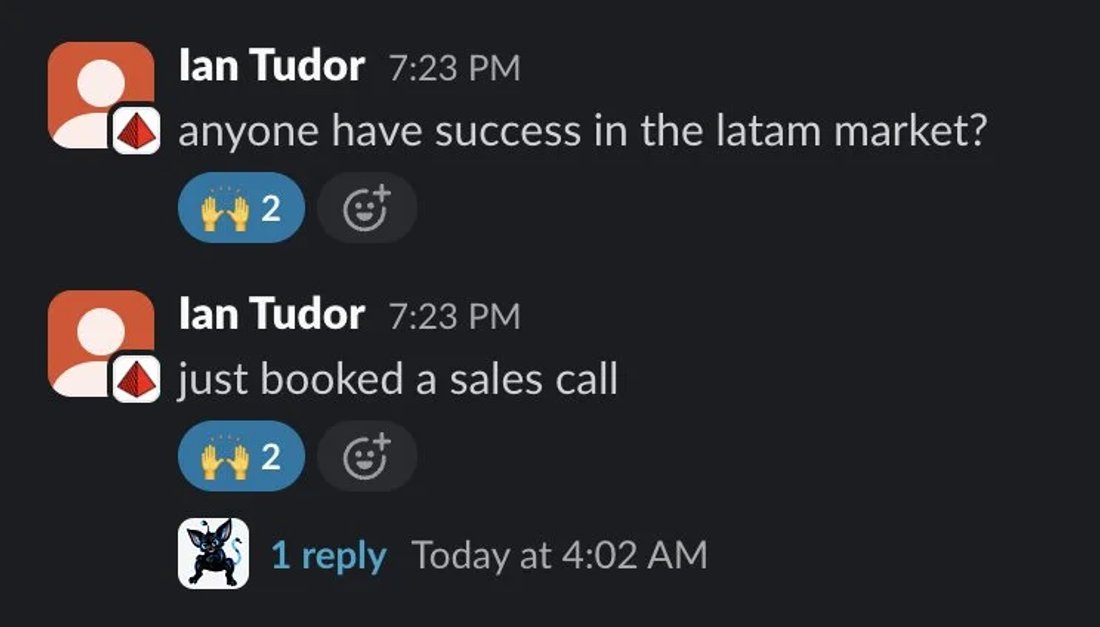 Slack screenshot from Ian Tudor: sales call booked