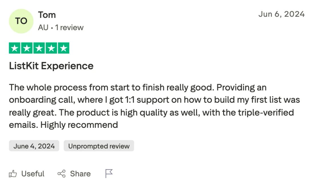 Trustpilot screenshot from Tom: ListKit Experience