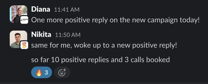 Slack screenshot from Diana: +1 positive on new campaign