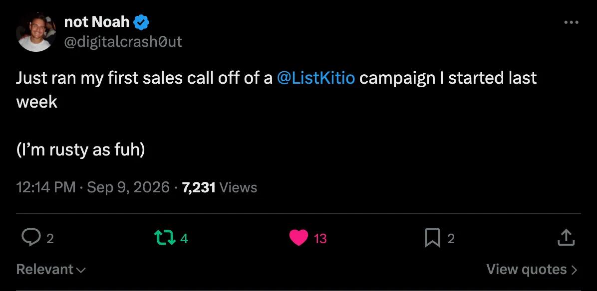 X screenshot from digitalcrash0ut: First sales call from last week's campaign