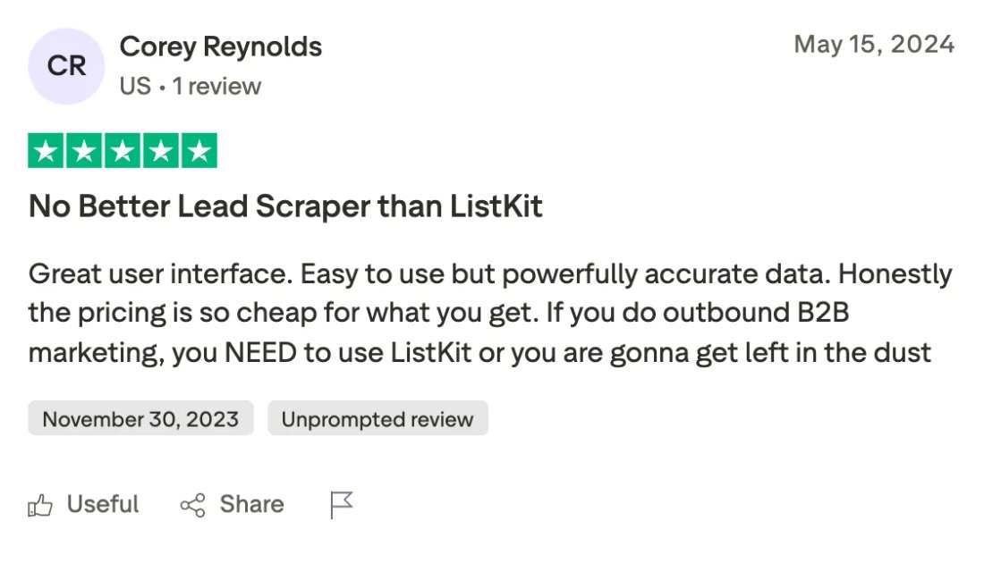 Trustpilot screenshot from Corey Reynolds: No Better Lead Scraper than ListKit