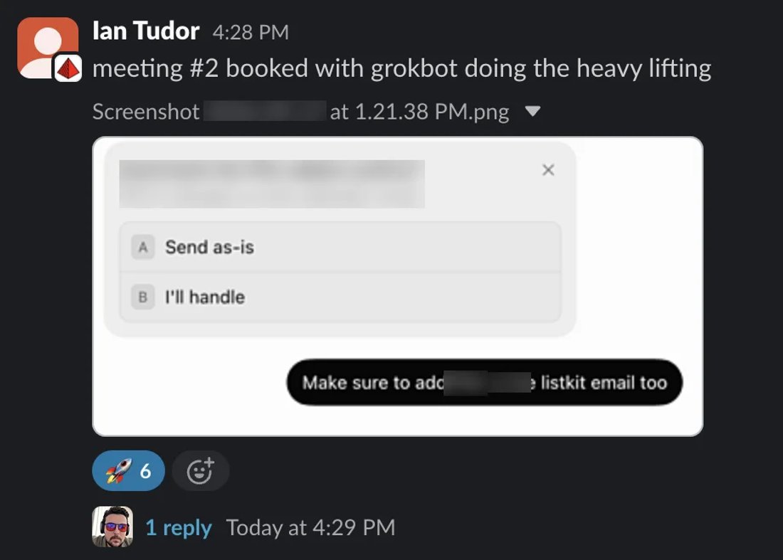 Slack screenshot from Ian Tudor: meeting #2 via Grokbot