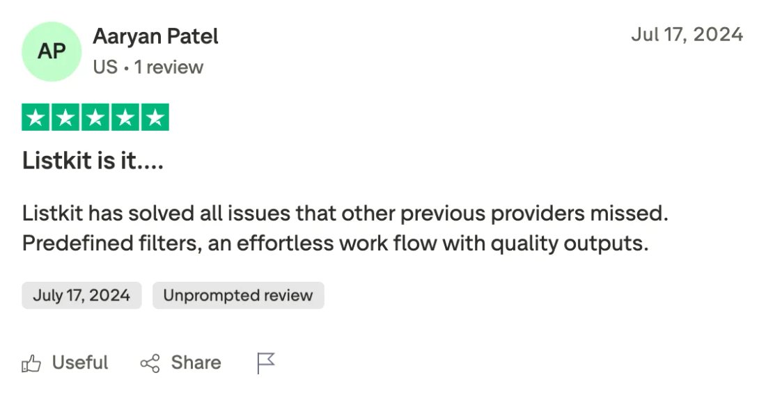 Trustpilot screenshot from Aaryan Patel: Listkit is it....