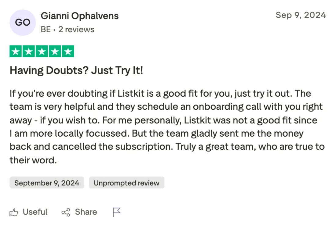 Trustpilot screenshot from Gianni Ophalvens: Having Doubts? Just Try It!