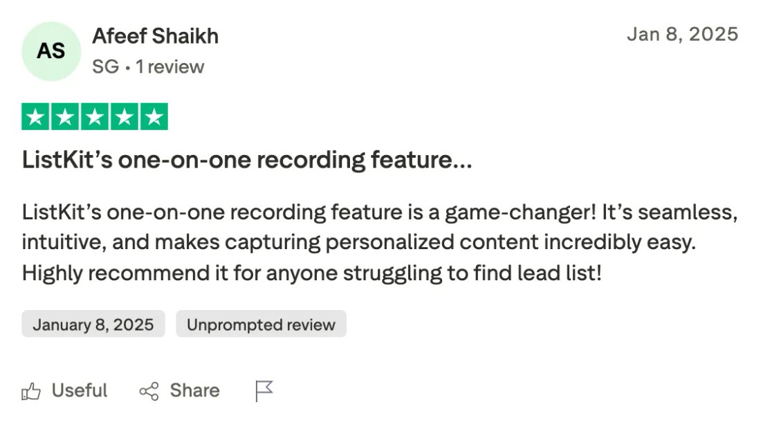 Trustpilot screenshot from Afeef Shaikh: ListKit’s one-on-one recording feature…