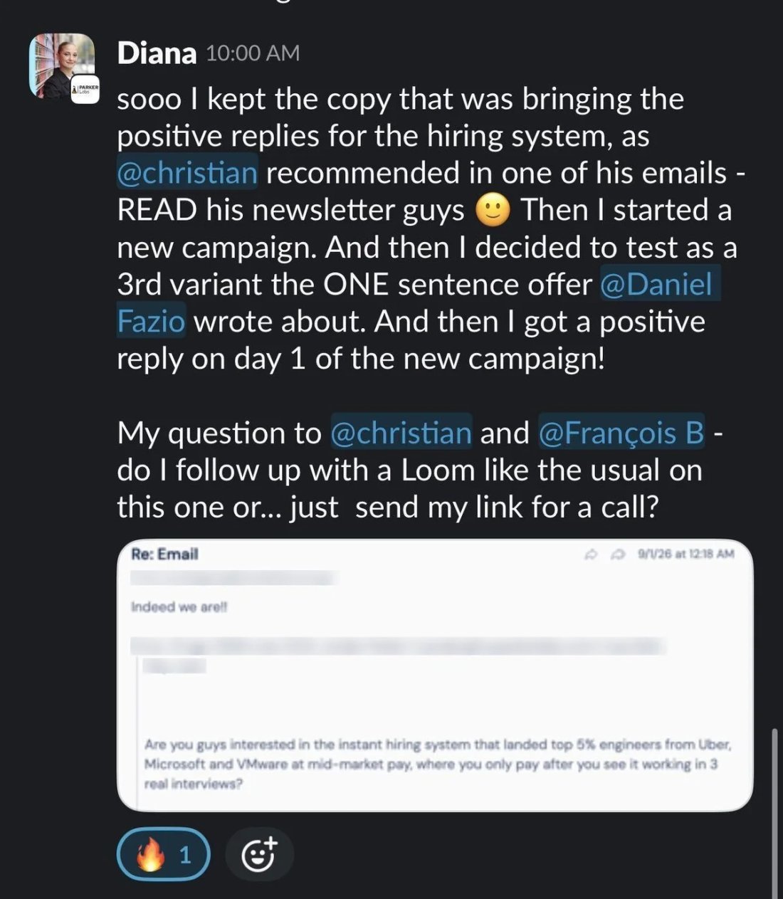 Slack screenshot from Diana / Jordan Parker: positive reply day 1