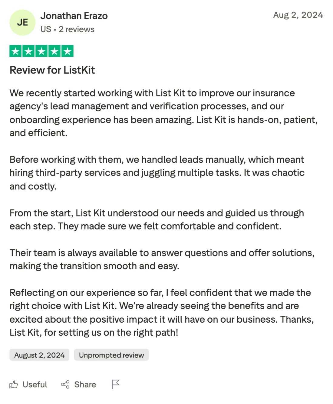 Trustpilot screenshot from Jonathan Erazo: Review for ListKit