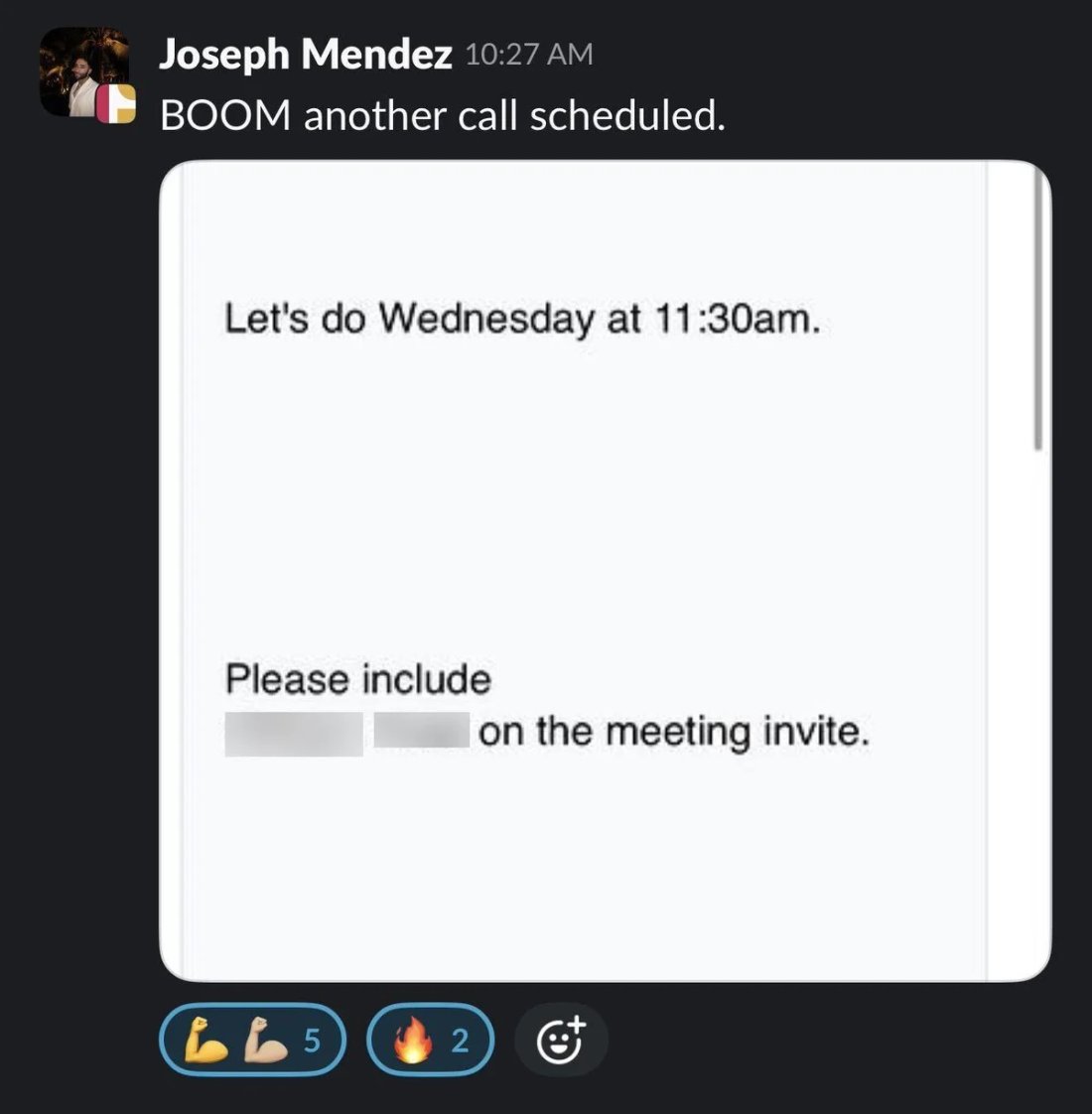 Slack screenshot from Joseph Mendez: another call