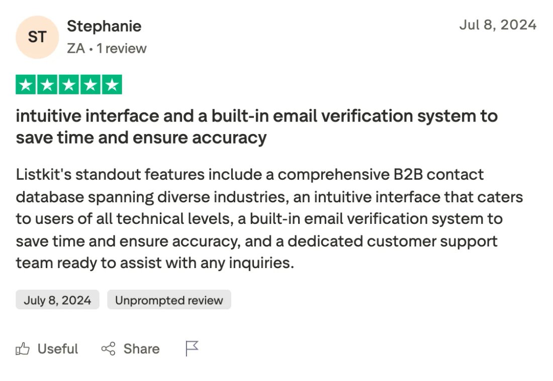 Trustpilot screenshot from Stephanie: intuitive interface and a built-in email verification system to save time and ensure accuracy