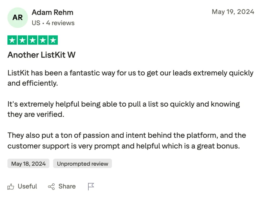 Trustpilot screenshot from Adam Rehm: Another ListKit W