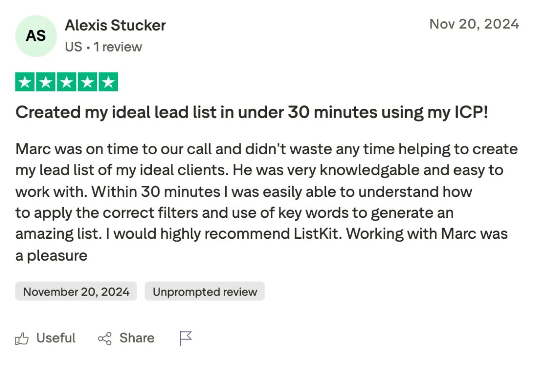 Trustpilot screenshot from Alexis Stucker: Created my ideal lead list in under 30 minutes using my ICP!
