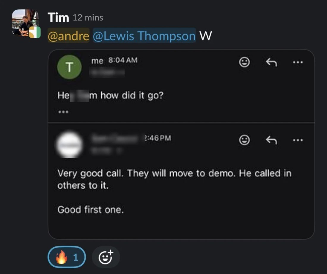 Slack screenshot from Tim: booked his client a call with a pro soccer team, moving to demo
