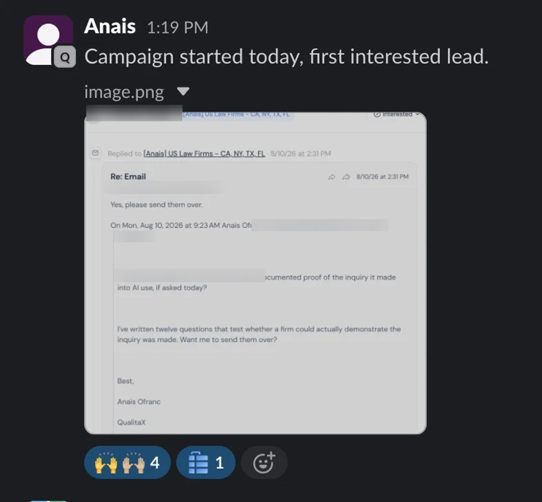 Slack screenshot from Anais Ofranc: 1st interested lead on day 1