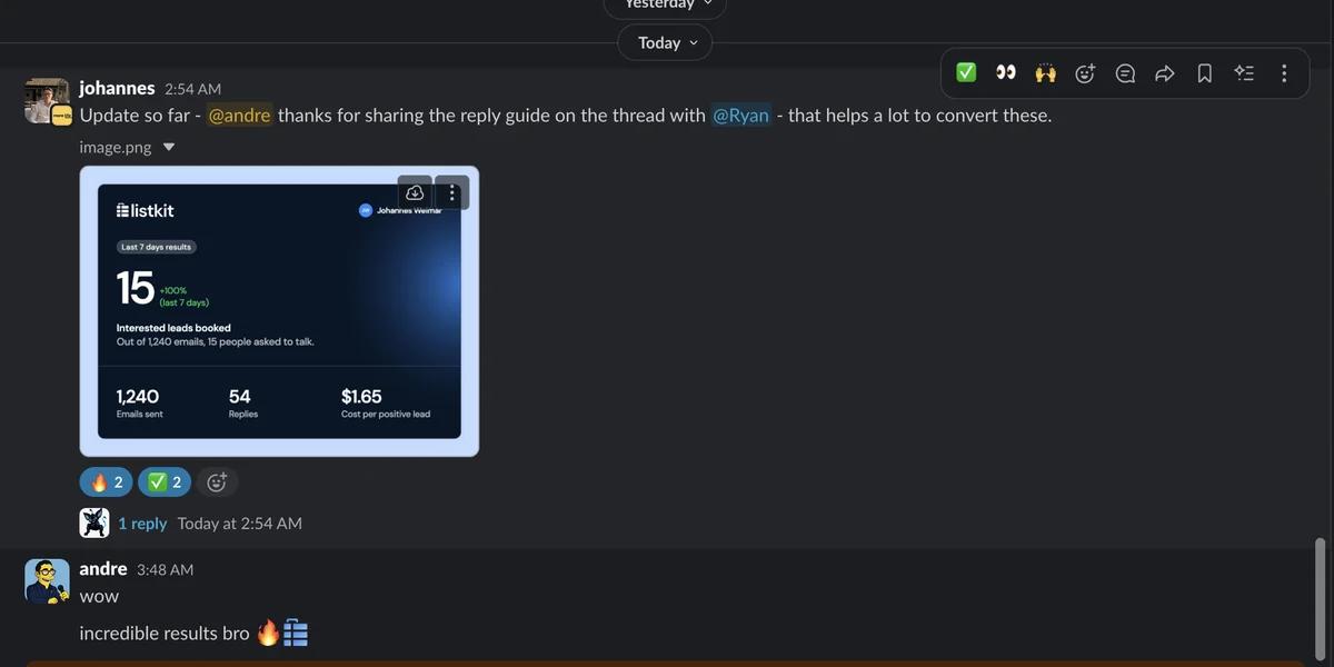 Slack screenshot from Johannes Weimar: 15 interested / 1,240, $1.65 per lead