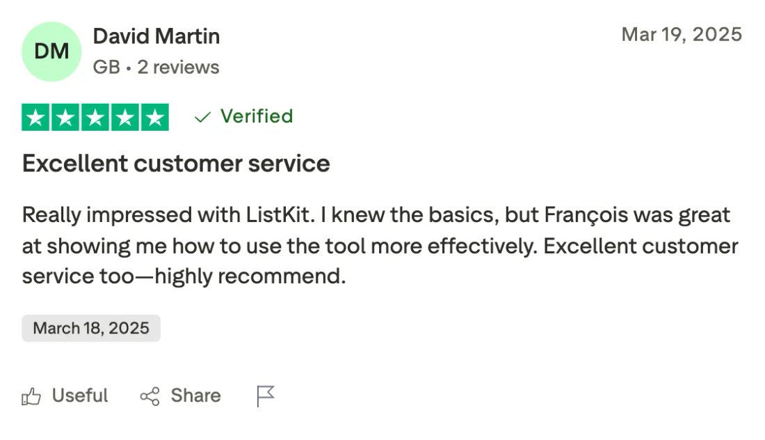 Trustpilot screenshot from David Martin: Excellent customer service