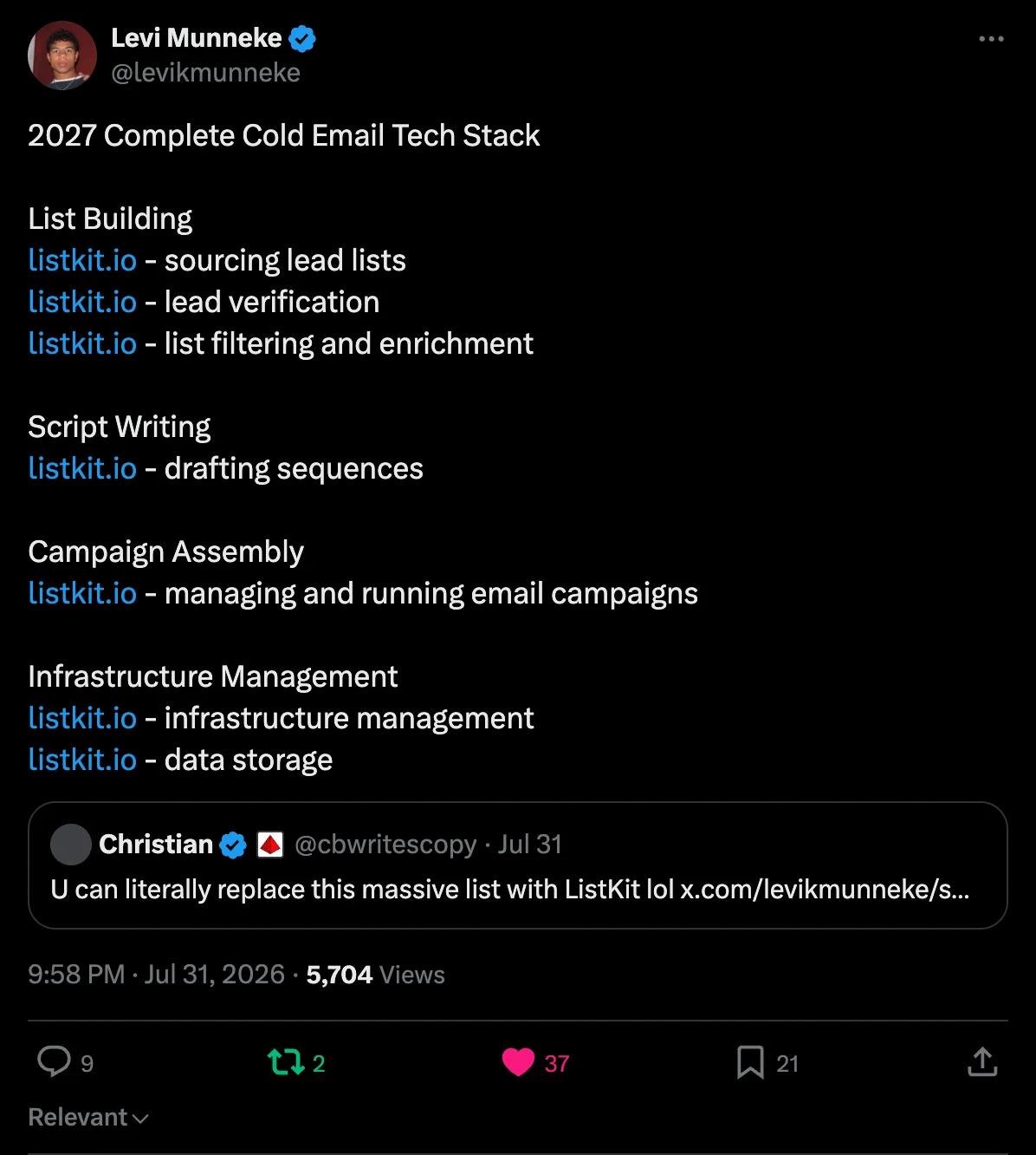 X screenshot from levikmunneke: The complete cold email tech stack is ListKit