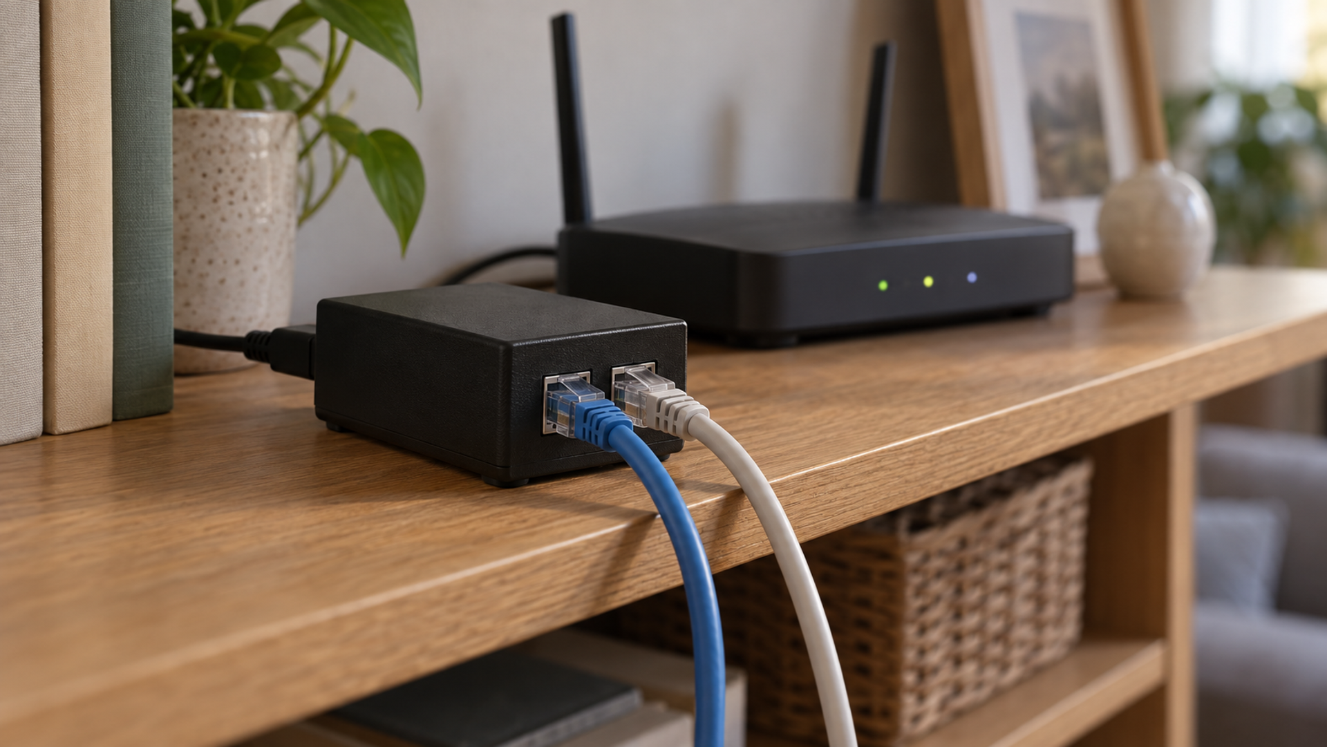 An Ethernet cable plugged into a small power-over-Ethernet injector on a shelf beside a home router.