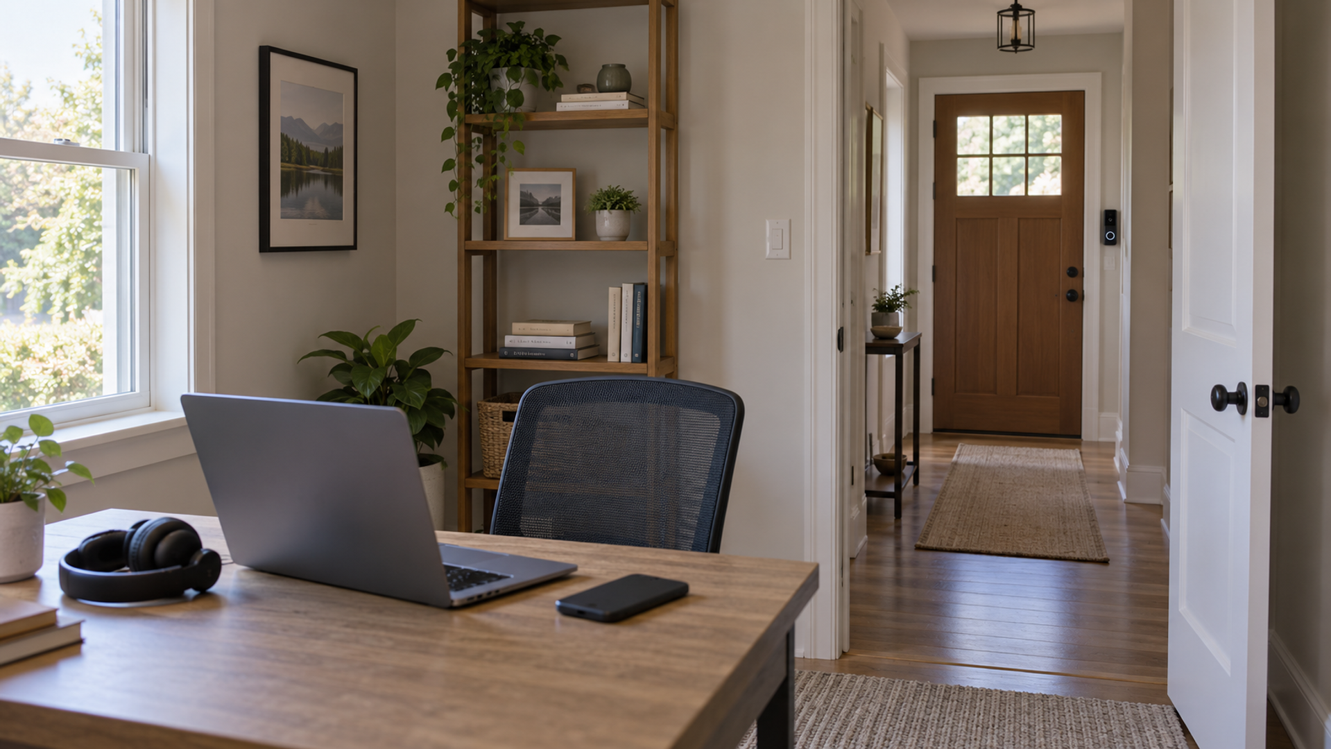 A phone lying face down on a desk next to a laptop and a headset in a small home office, with a front door and a video doorbell visible through the open doorway.