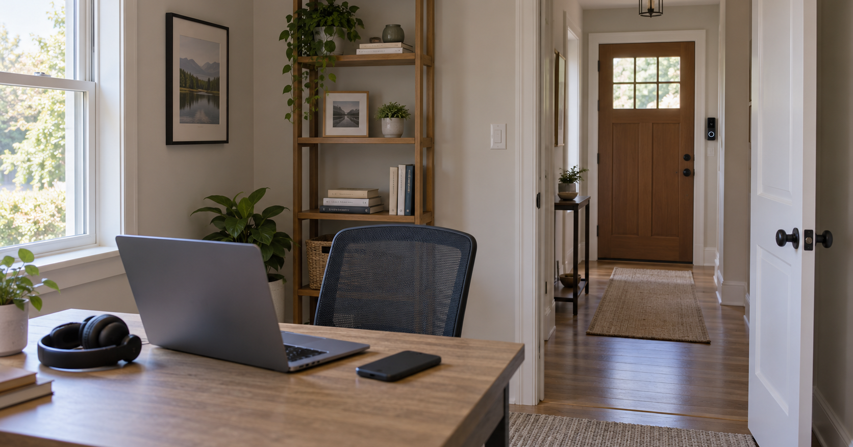 A phone lying face down on a desk next to a laptop and a headset in a small home office, with a front door and a video doorbell visible through the open doorway.