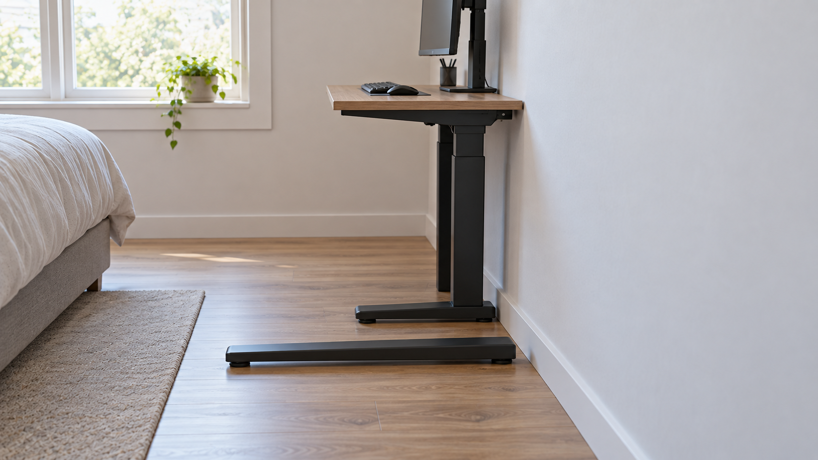 A 24 in deep desktop against a bedroom wall, seen from the side, with a short standing desk foot fitting under it and a longer foot drawn beside it that extends past the top's edge.