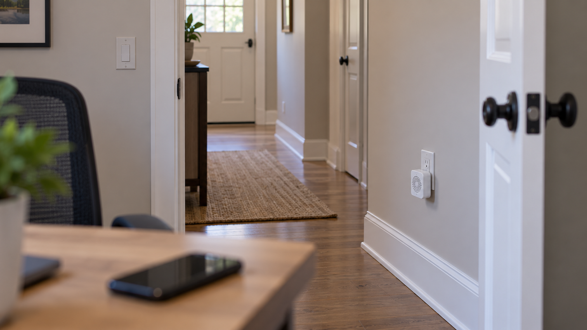 A white plug-in Ring Chime in a hallway wall outlet, seen from a home office doorway, with a phone on the desk in the foreground.