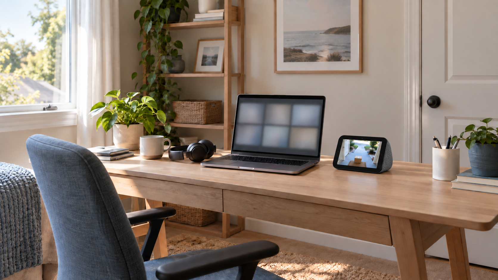 A small home office with the door closed, a laptop on a video call and a small smart display on the desk showing a front-door camera view of a courier with a package.