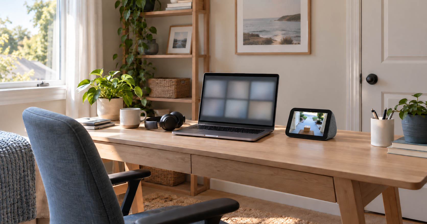 A small home office with the door closed, a laptop on a video call and a small smart display on the desk showing a front-door camera view of a courier with a package.