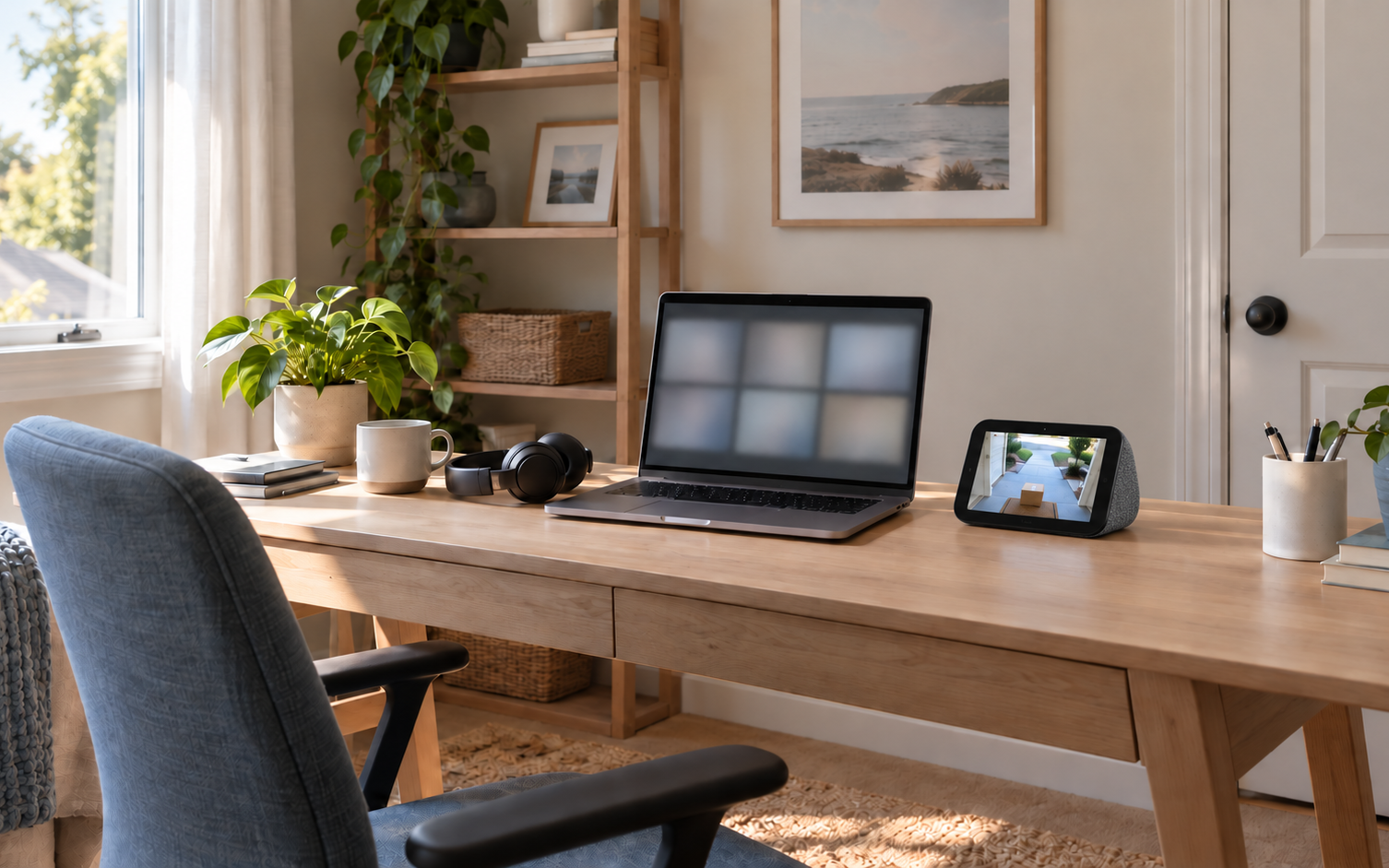 A small home office with the door closed, a laptop on a video call and a small smart display on the desk showing a front-door camera view of a courier with a package.