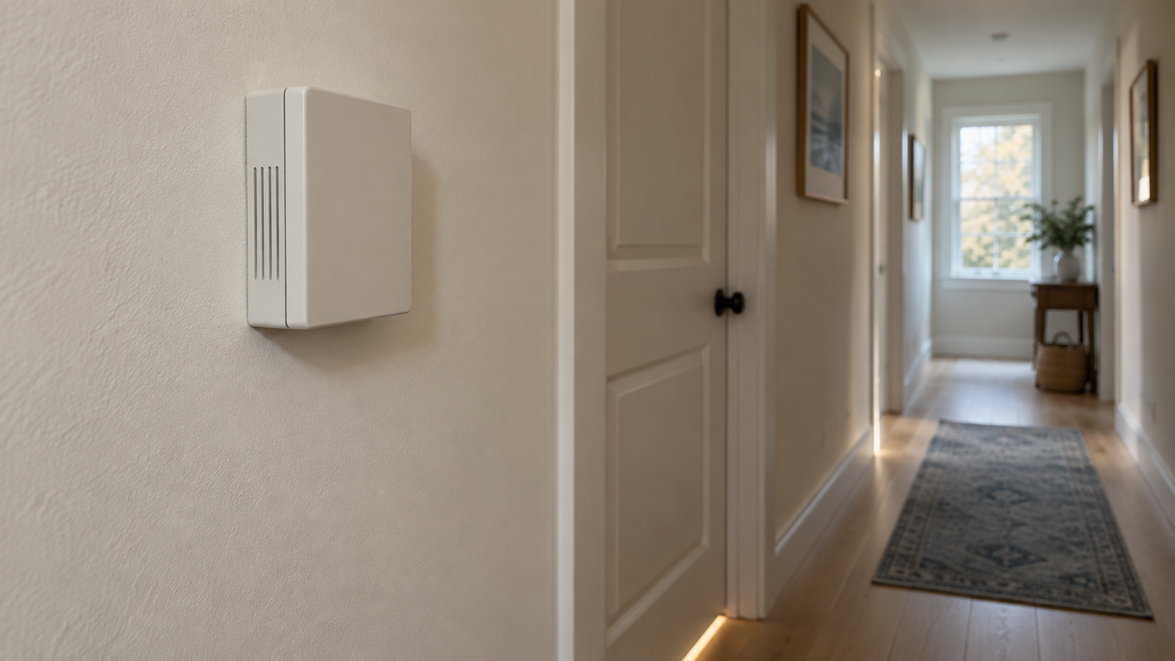 A doorbell chime box on a hallway wall beside a closed door with a light on behind it, the door leading to a small home office.