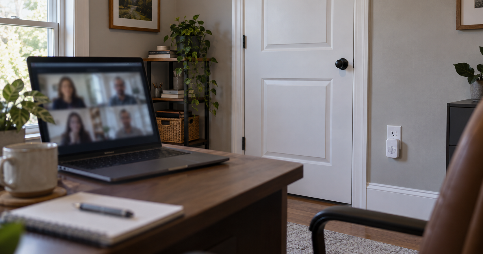 A small home office with the door closed, a laptop open on the desk for a video call, and a white plug-in doorbell chime in the wall outlet beside the door.