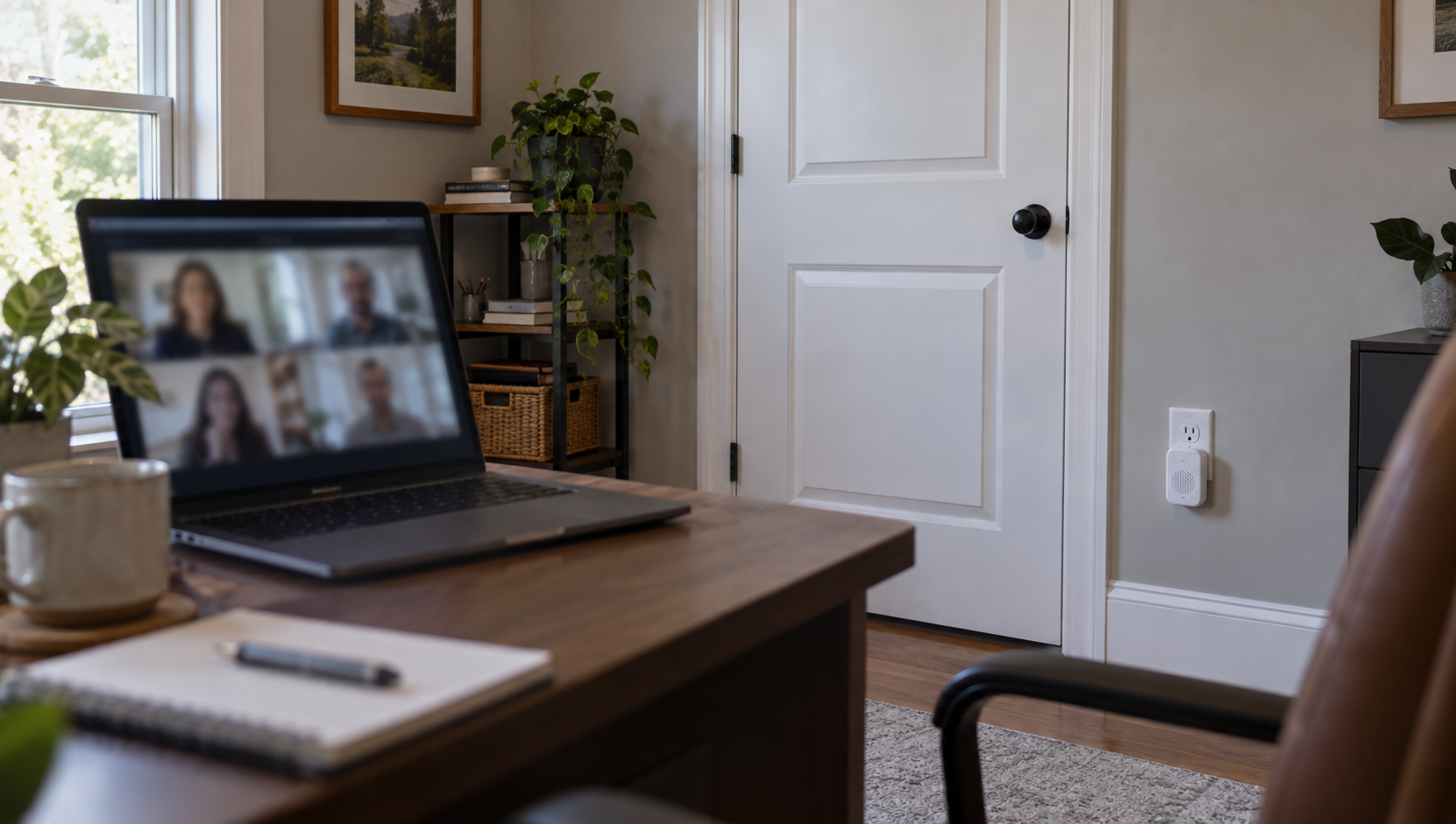 A small home office with the door closed, a laptop open on the desk for a video call, and a white plug-in doorbell chime in the wall outlet beside the door.