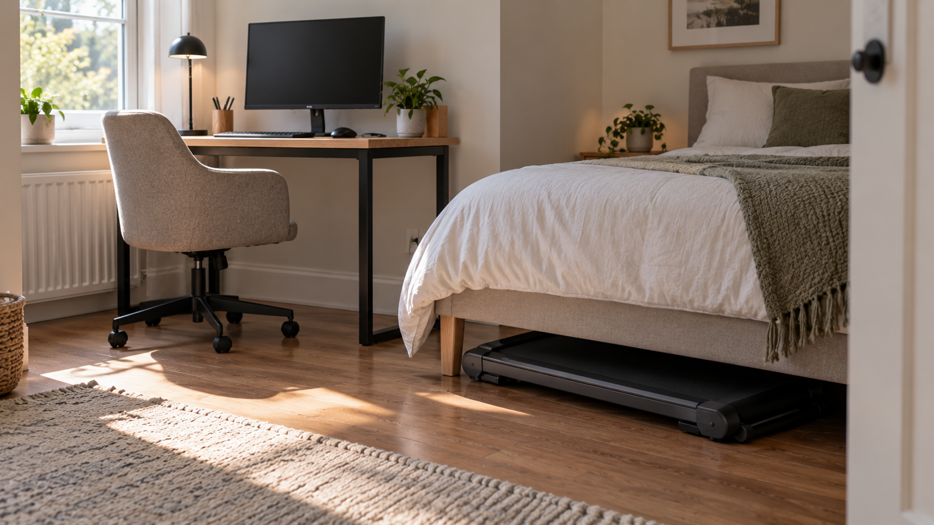 A folded walking pad slid halfway under a bed in a bedroom, next to a desk against the wall.
