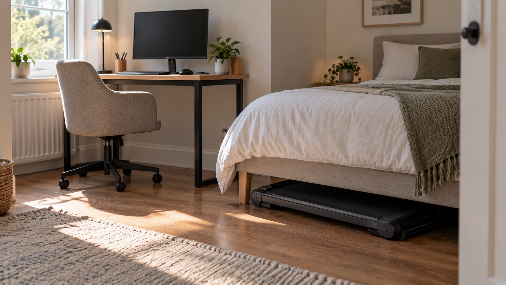 A folded walking pad slid halfway under a bed in a bedroom, next to a desk against the wall.