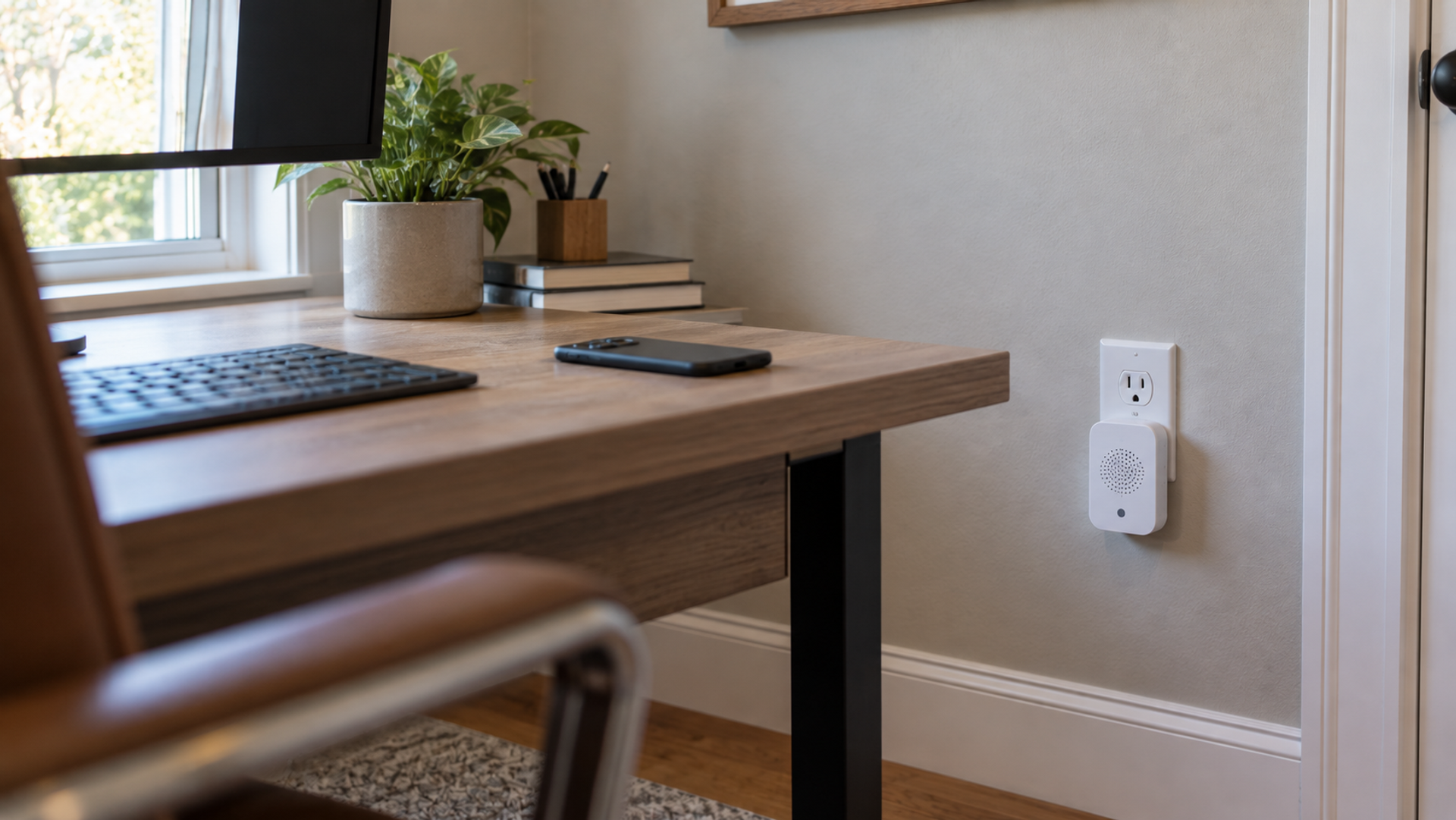 A white plug-in chime speaker in a wall outlet next to a home office desk, its front indicator dark, with a phone face down on the desk beside a keyboard.