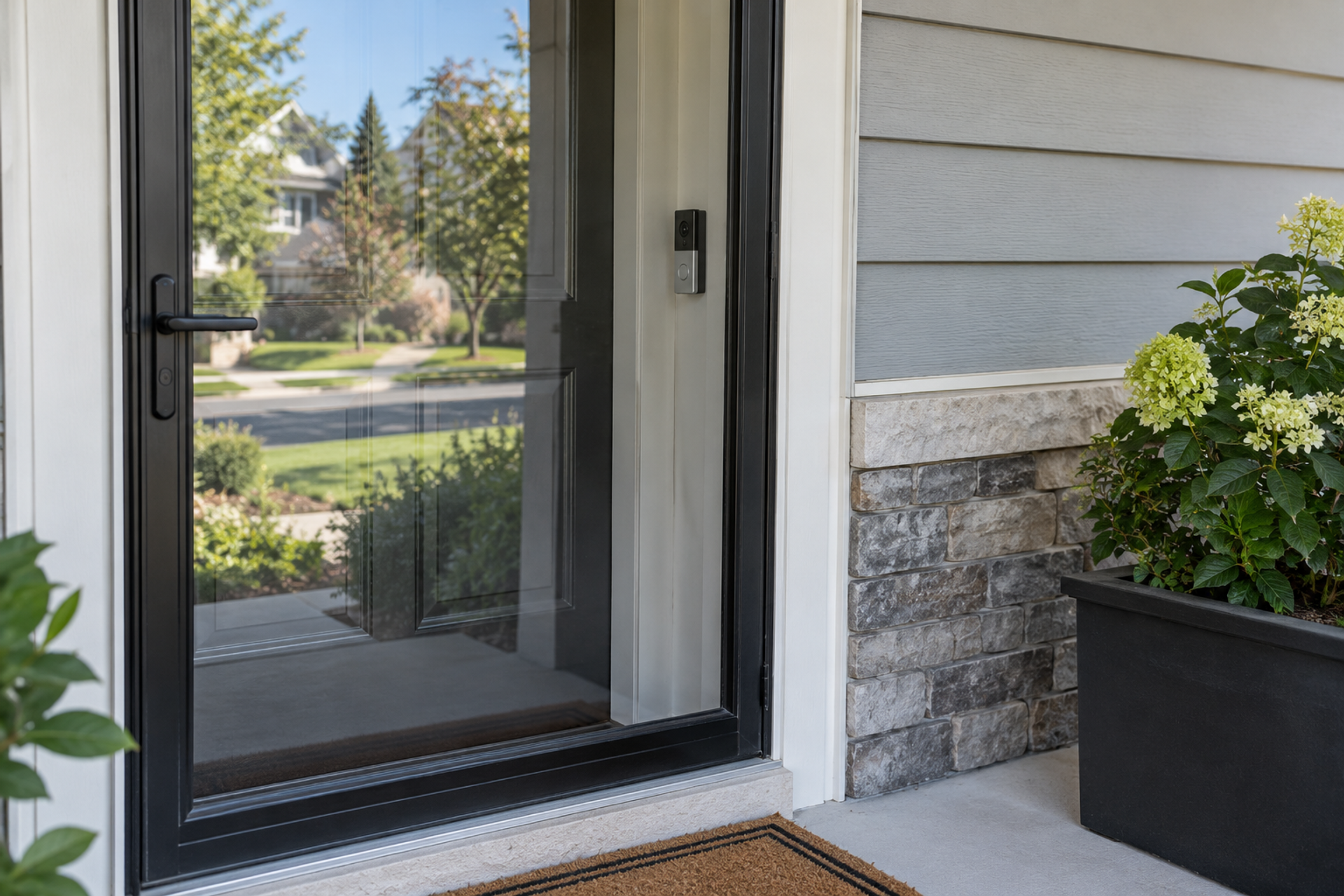 A video doorbell mounted on a porch wall behind a closed glass storm door, seen from the front step of a US house.