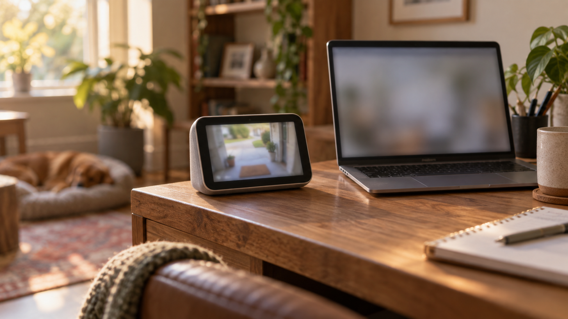 A small smart display on the corner of a home office desk beside a laptop, showing a doorway camera view.