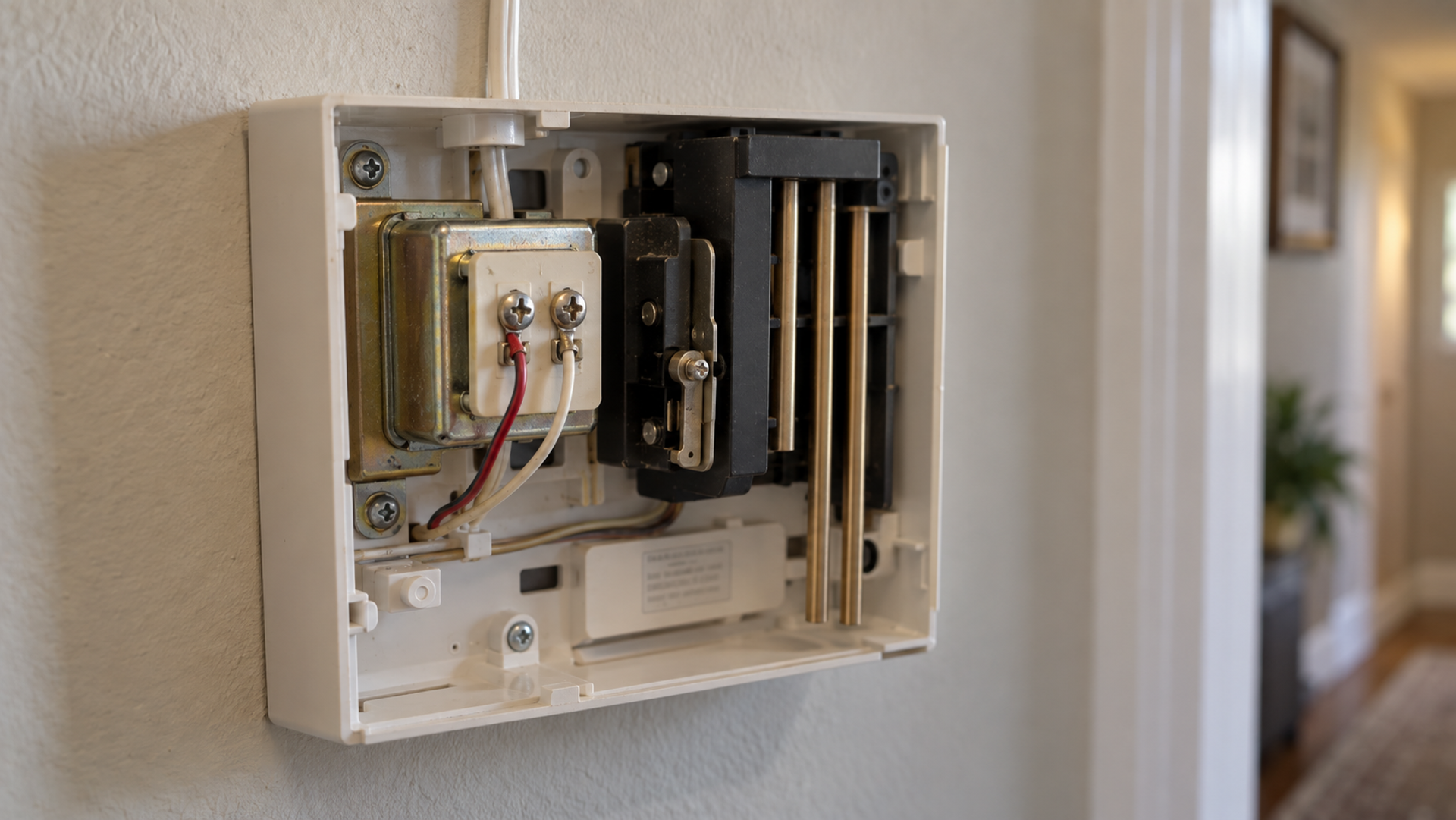 A wired doorbell chime with its cover removed, showing the FRONT and TRANS terminal screws with two thin wires attached, mounted on a hallway wall.