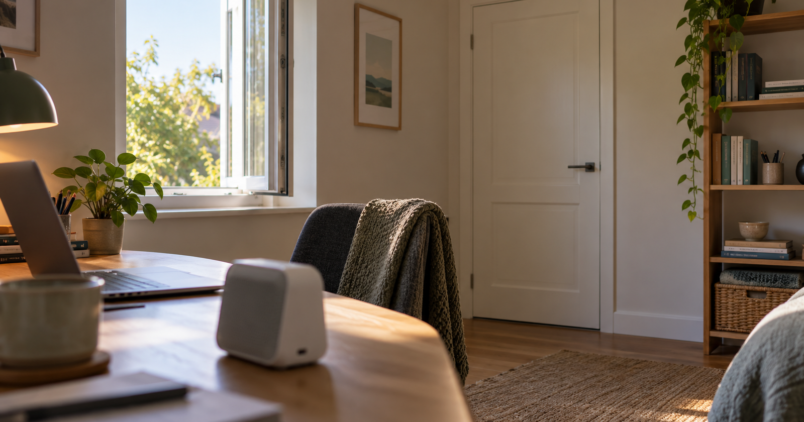 A small home office with the door closed and the window open a hand's width, with an air quality monitor on the desk.