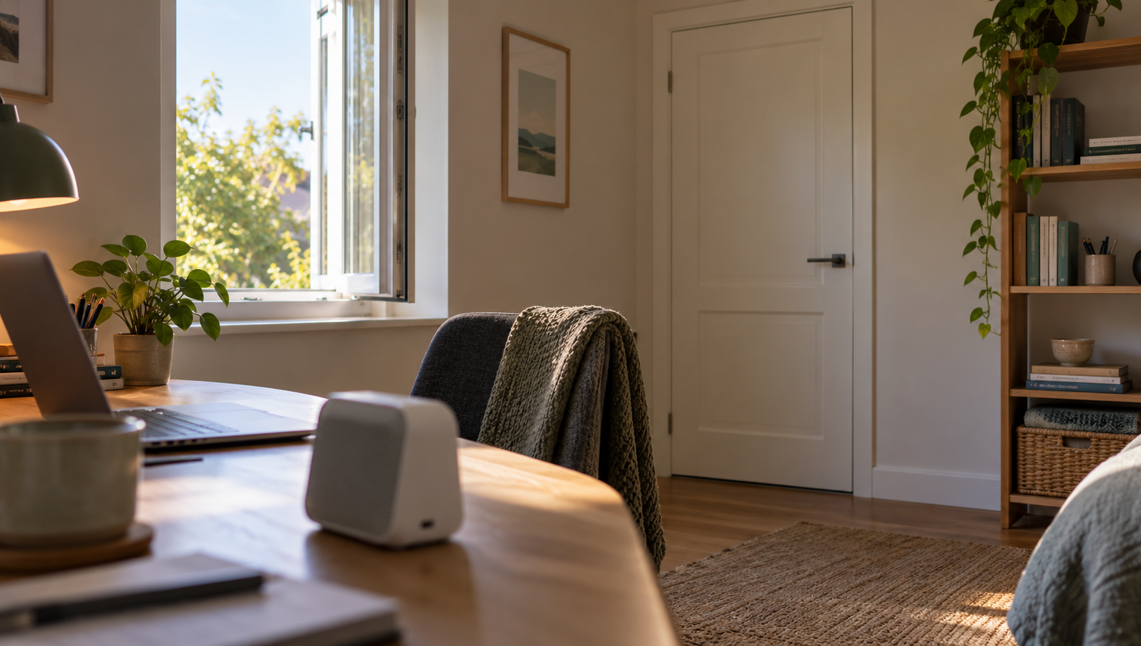 A small home office with the door closed and the window open a hand's width, with an air quality monitor on the desk.