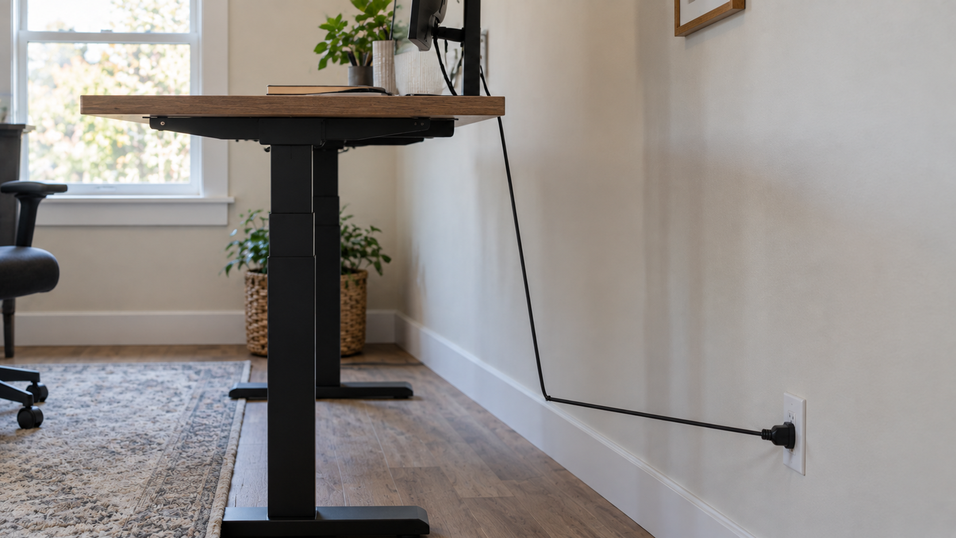A standing desk raised to standing height with a monitor power cable pulled tight between the desk and a wall outlet below it.