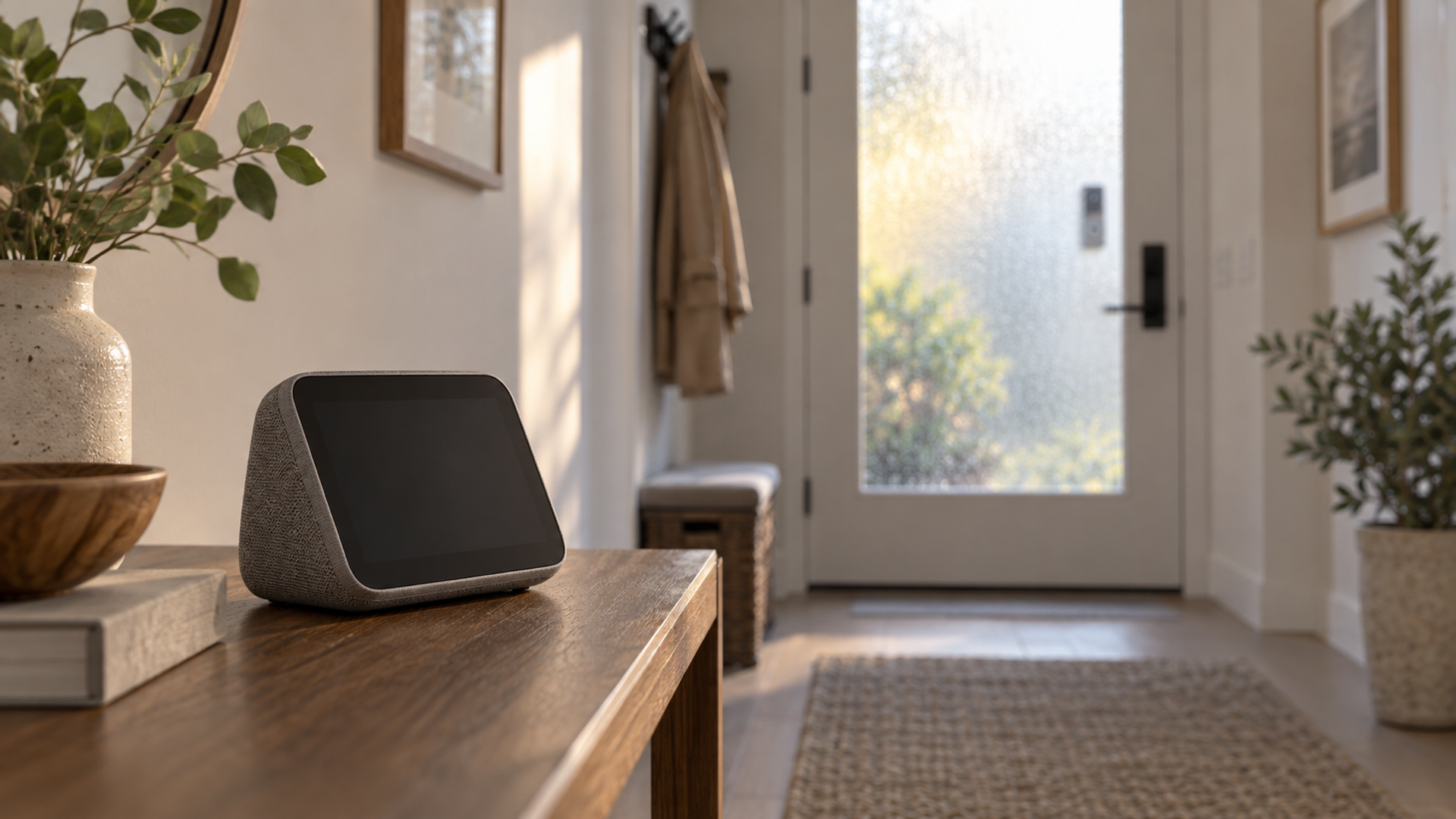 A smart speaker on a hallway table with a video doorbell visible through the front door glass, the two devices unconnected