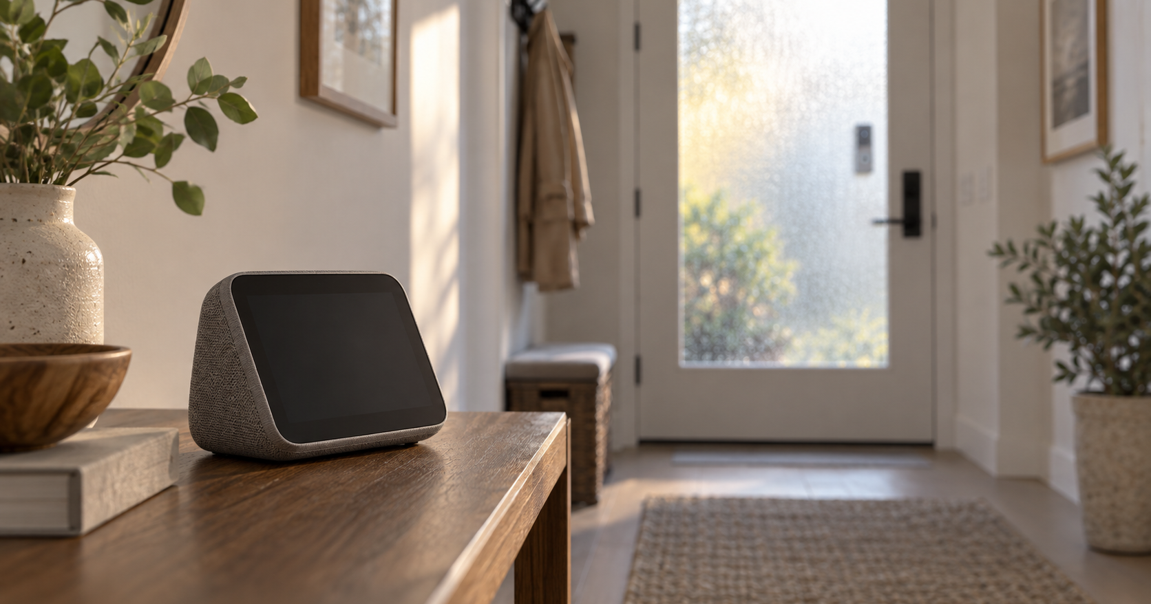 A smart speaker on a hallway table with a video doorbell visible through the front door glass, the two devices unconnected