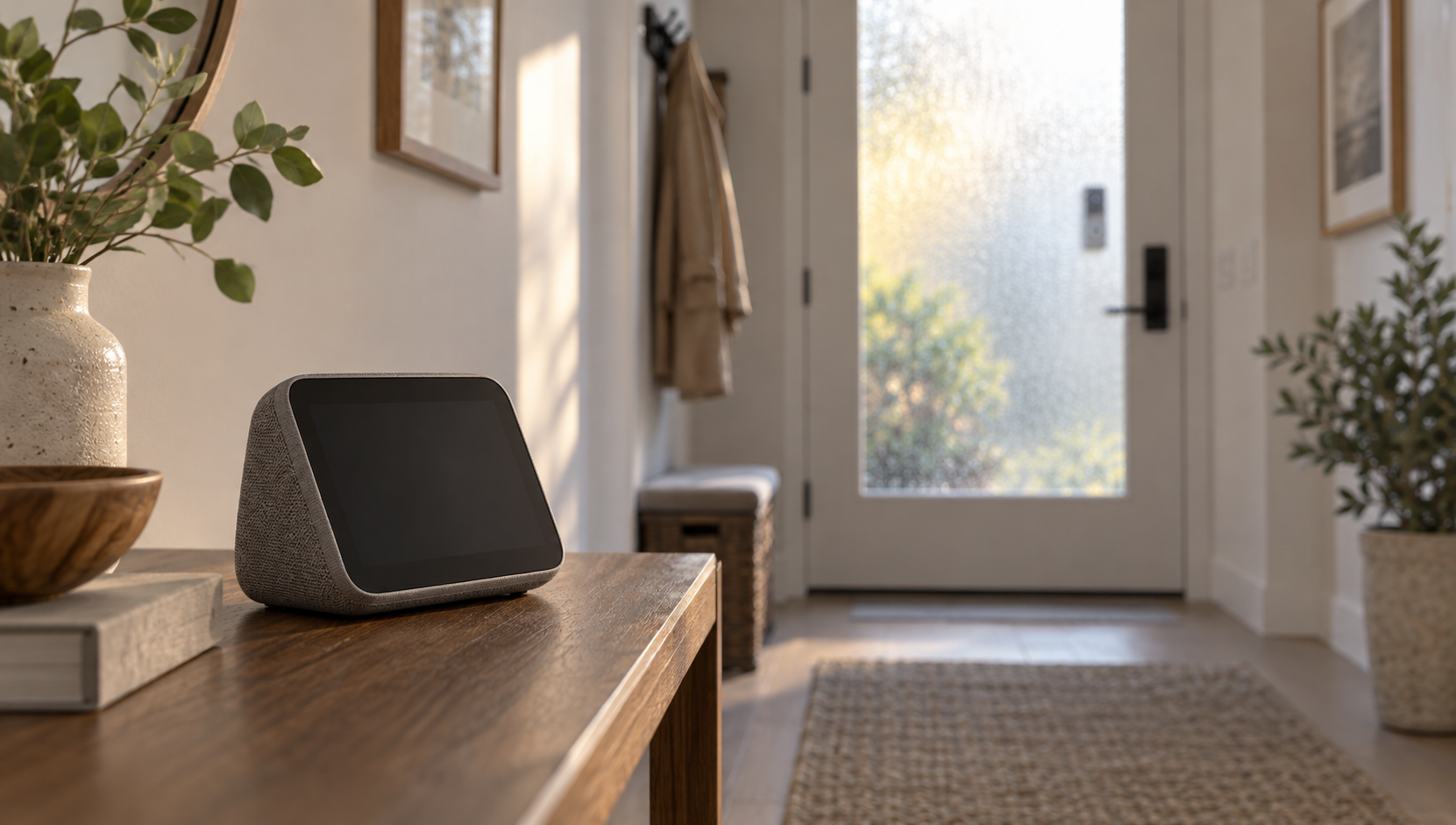 A smart speaker on a hallway table with a video doorbell visible through the front door glass, the two devices unconnected