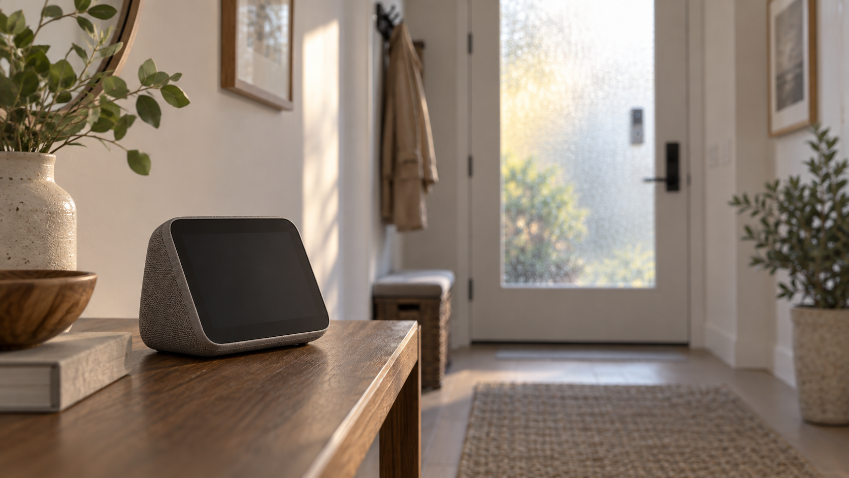 A smart speaker on a hallway table with a video doorbell visible through the front door glass, the two devices unconnected
